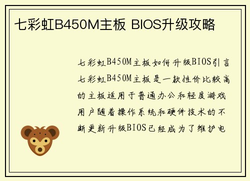 七彩虹B450M主板 BIOS升级攻略